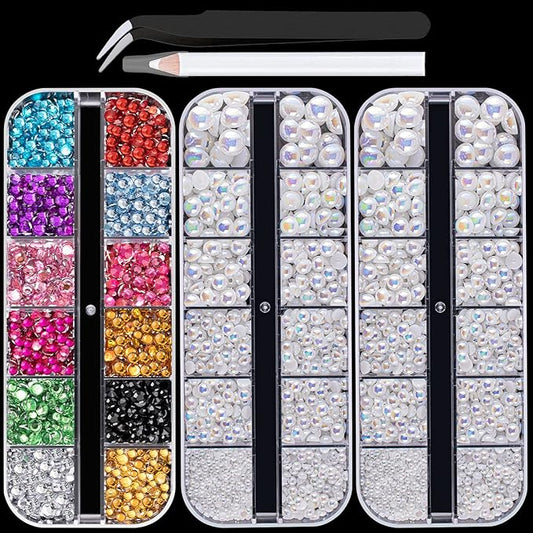 Flat Back Rhinestone+Half Round Pearl Kits Colorful Rhinestones+White