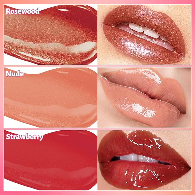 UCANBE 3 Color Hydrating Lip Glow Oil - Shimmering Warm Nude Tinted Lip Gloss (Rosewood/Nude/Strawberry),Non-Sticky Mositurizing Lip Top Gloss for All-Day Wear and Comfort