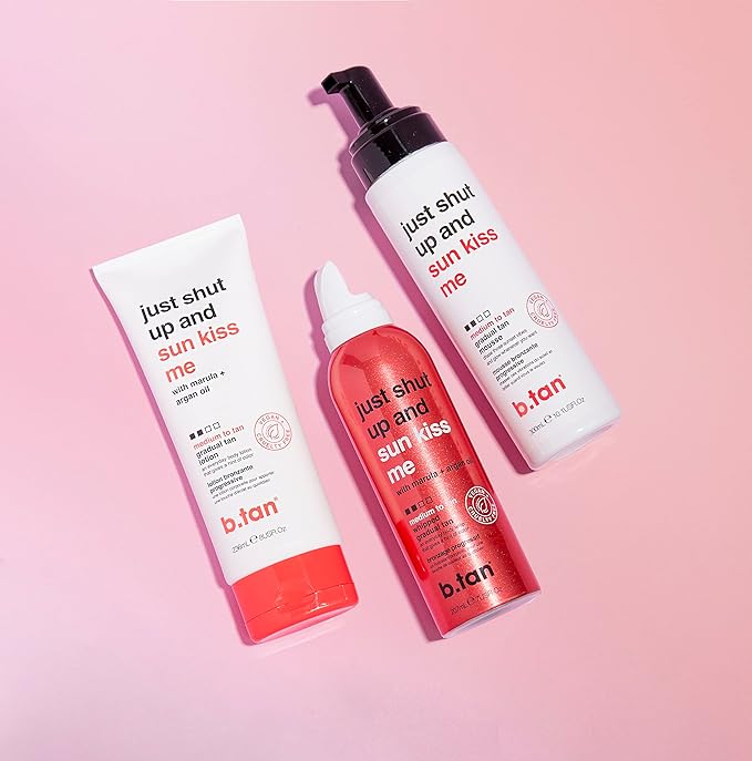 b.tan Medium Gradual Self Tanning Lotion | Just Shut Up and Sun Kiss Me Everyday Glow Lotion - Develop a Bronzed Glow, Infused With Marula + Argan Oil, Vegan, Cruelty & Paraben Free, 236ml