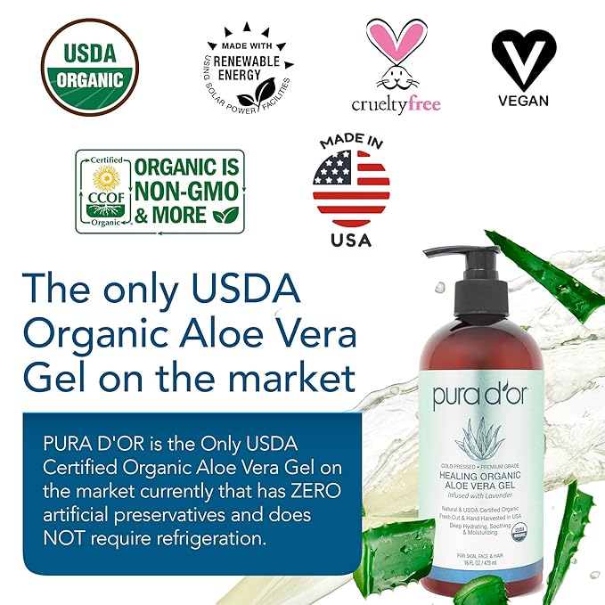 PURA D'OR ORGANIC Aloe Vera Gel Lavender (16 Oz X 3) All Natural - ZERO Artificial Preservatives - Deeply Hydrating & Moisturizing - Sunburn, Bug Bites, Rashes, Small Cuts, Eczema Relief - Skin & Hair