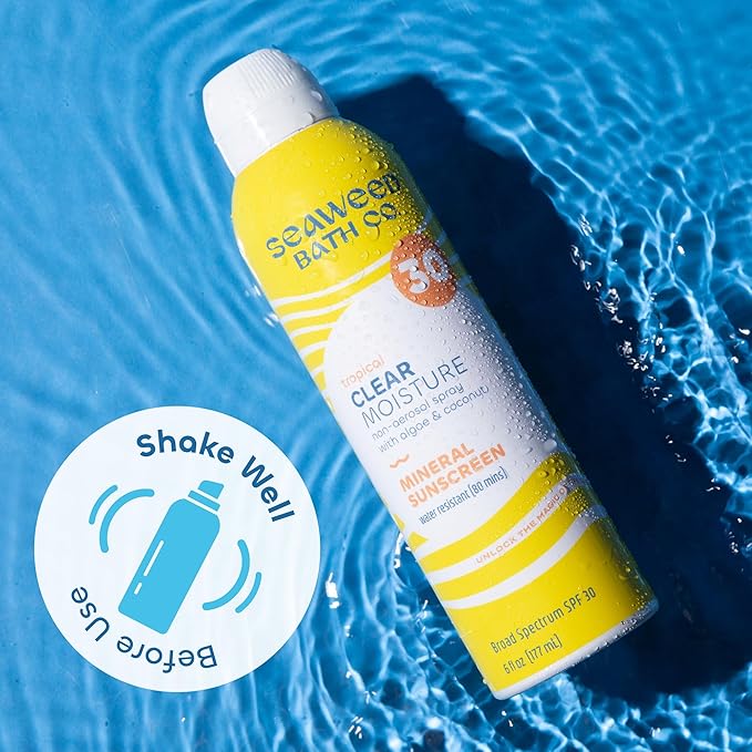 Seaweed Bath Co. Clear Moisture Mineral SPF 30 Broad Spectrum Sunscreen Spray, 6 Ounce, Sustainably Harvested Seaweed, Algae, Coconut
