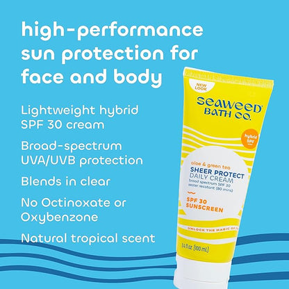 Seaweed Bath Co. Sheer Protect Daily SPF 30 Broad Spectrum Hybrid Sunscreen Cream, 3.4 Ounce, Sustainably Harvested Seaweed, Aloe, Green Tea