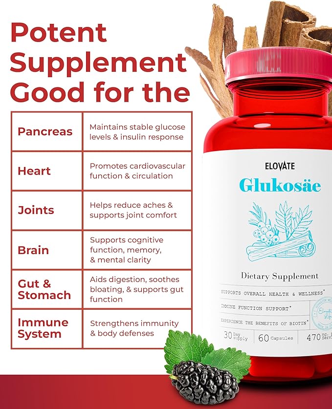 Elovate Glukosae Capsules, 1310mg - All-Natural, 3rd-Party-Tested, Non-GMO & Gluten-Free Complex with Guggul Extract, Biotin, Ceylon Cinnamon, & Ashwagandha for Overall Vitality, 60 Counts