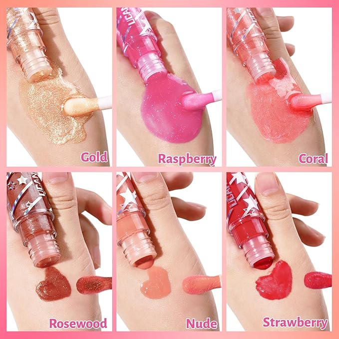 UCANBE 3 Color Hydrating Lip Glow Oil - Shimmering Warm Nude Tinted Lip Gloss (Rosewood/Nude/Strawberry),Non-Sticky Mositurizing Lip Top Gloss for All-Day Wear and Comfort