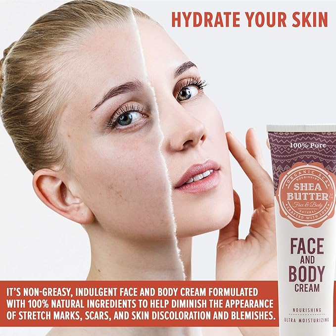 Shea Butter Moisturizing Face and Body Cream – Anti Aging, Non-Greasy Rejuvenating Lotion for Nourishing, Hydrating Dry Skin- (3.4 oz/100 ml)