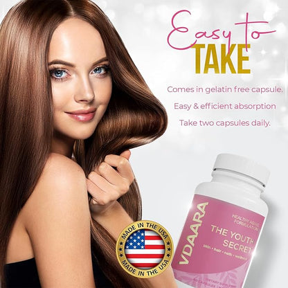 Hair, Skin and Nails Vitamins - 5000 mcg Biotin, Collagen, Natural Vitamin C A D3 Hyaluronic Acid - Supplement for Glowing Skin, Hair Growth for Men and Women – 60 Capsules