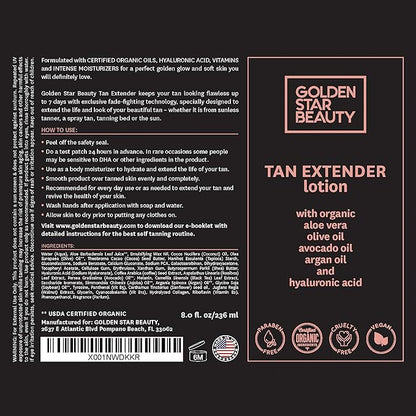 Tan Extender Daily Moisturizer - Best After Tanning Lotion w/Organic Oils and Hyaluronic Acid to Extend Your Tan from Sunless Tanner, Spray Tan, Sun or Tanning Bed 8.0 fl.oz.- Booklet included