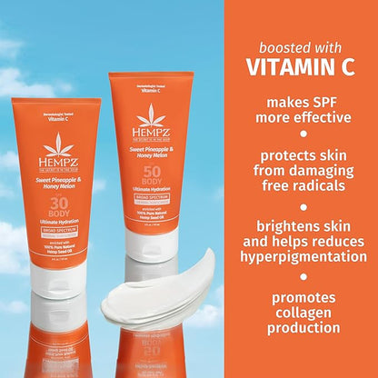 Hempz Daily Body Sunscreen SPF 30, Sweet Pineapple and Honeymelon, Reef Safe, Vegan, Dermatologist Tested, 6 oz