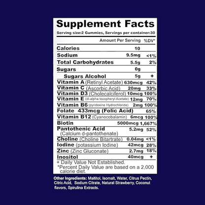 Hair Skin and Nails Gummies - Supports Healthy Hair, for Men & Women, Vegan Biotin Vitamins, Hair Growth, Stronger Nails, Healthy Skin, Made in USA, 60 Count