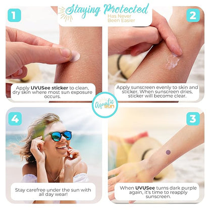 UV Stickers for Sunscreen Reapplication to Avoid Burns - Sunscreen Reminder Stickers You Can Wear All Day - Sweat & Waterproof UV Activated Sunscreen Stickers - UV Sticker Aquatic Sun (Pack of 4)