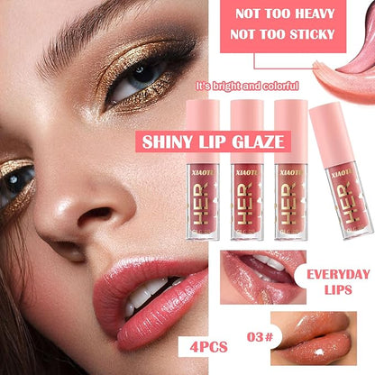 4PCS Shimmer Lip Gloss Set,Moisturizing Lip Plumping Lip Gloss Liquid Lipstick Set,Lip Stain Long Lasting Non-Stick Lip Gloss Set,High Shine Lip Glaze Lipgloss Makeup Set for Women