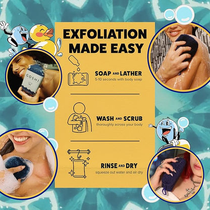 GOSHI Exfoliating Shower Sponge - Rip-Resistant, Rapid-Drying Exfoliating Bath Sponge for All Skin Types - Indigo Blue - Made in Japan