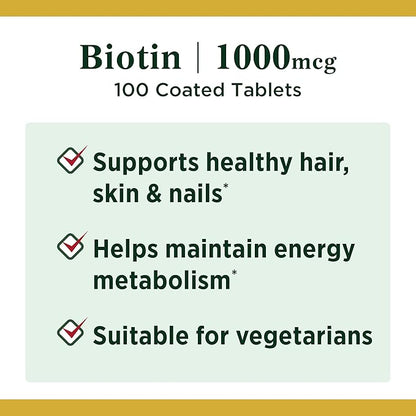 Nature's Bounty Biotin, Vitamin Supplement, Supports Metabolism for Cellular Energy and Healthy Hair, Skin, and Nails, 1000 mcg, 100 Tablets (Pack of 4)