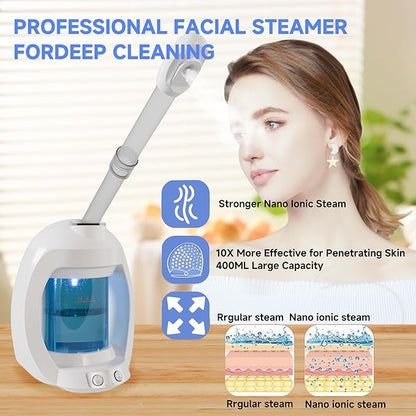 Facial Steamer-Face Steamer for Facial Deep Cleaning, Vaporizador Facial for Esthetician and Nano Ionic Hot Steam for Face, Professional Facial Steamer with a Headband and Acne Needle Set.(Blue)