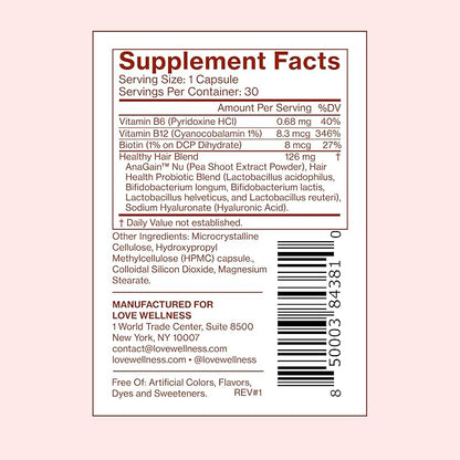Love Wellness Healthy Hair Probiotics | Support Hair Growth with Biotin and Vitamin B12 & B6 | Supplement for Healthy Scalp & Thicker, Fuller Looking Hair | Safe & Effective | 30 Capsules