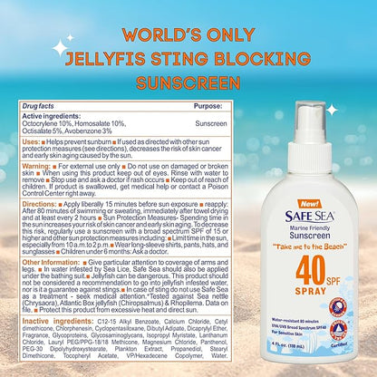 Safe Sea Jellyfish Sting-Blocking Sunscreen, SPF 40+ Spray 4 Fl oz, Waterproof, Biodegradable, Coral Reef-Safe – Body and Face Sunscreen, Anti-Jellyfish and Sea-Lice sting protection.