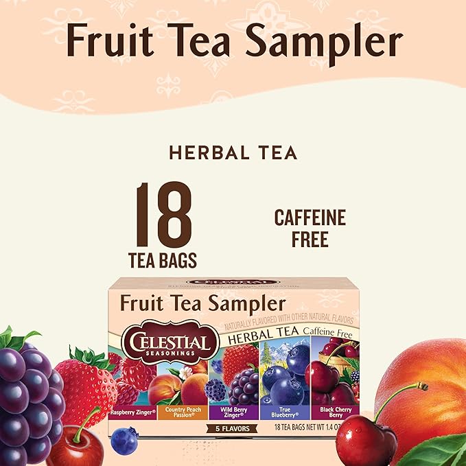 Celestial Seasonings Fruit Tea Sampler Herbal Variety Pack, Caffeine Free, 18 Tea Bags Box (Pack of 5)