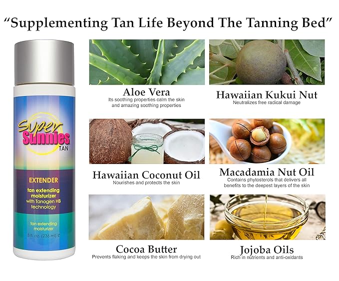 Super Sunnies Tan Extender Moisturizer Lotion with Tanogen HB for Indoor Tanning Beds & Sunless Tanning, Enriched with Aloe & Hawaiian Coconut Oil, Jojoba Oil & Nuts 8 oz.