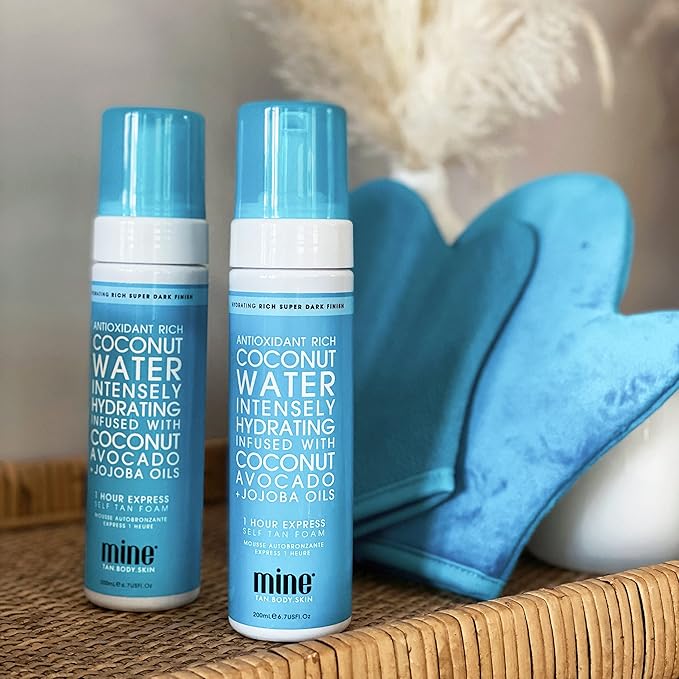 MineTan Self Tanner Kit - Coconut Water Self Tan Foams with Self Tanning Mitt Applicator + Exfoliating Mitt, Clean Self Tanner with Antioxidants, Vegan, Cruelty Free, No Fake Tan Smell, Orange Tones