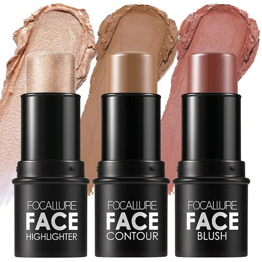 FOCALLURE 3 Pcs Cream Contour Sticks,Shades with Highlighter Finishing Makeup,MEDIUM