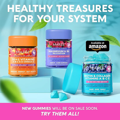 MAREE Vitamin B1 Thiamine & B7 Biotin Gummies - A E D C Vitamins Complex with Keratin, Collagen, Hyaluronic & Pantothenic Acid for Skin, Nails & Hair