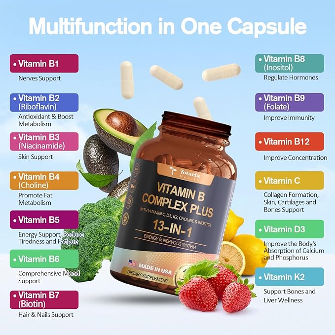 13-in-1 Vitamin B Complex Plus with Vitamin B1, B2, B3 (Niacin), B4, B5, B6, B7 (Biotin), B8 (Inositol), B9 (Folate), B12, C, D3, K2 for Energy, Nerve, Immune, Skin - 120 Caps per Bottle - 2 Bottles