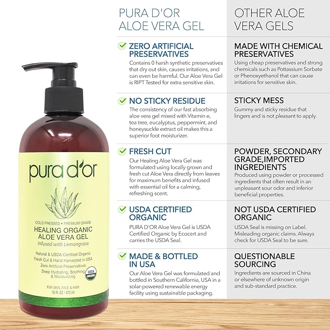 PURA D'OR 16 Oz ORGANIC Aloe Vera Gel - Lemongrass - All Natural - ZERO Artificial Preservatives - Deeply Hydrating & Moisturizing - Sunburn, Bug Bites, Rashes, Small Cuts, Eczema Relief - Skin & Hair