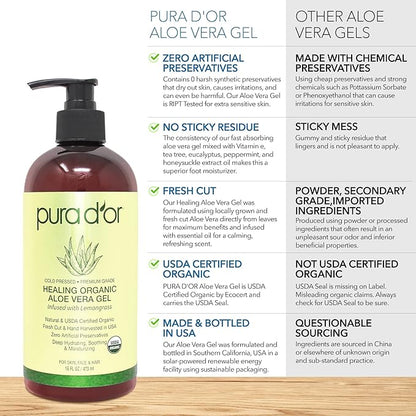 PURA D'OR 16 Oz ORGANIC Aloe Vera Gel - Lemongrass - All Natural - ZERO Artificial Preservatives - Deeply Hydrating & Moisturizing - Sunburn, Bug Bites, Rashes, Small Cuts, Eczema Relief - Skin & Hair
