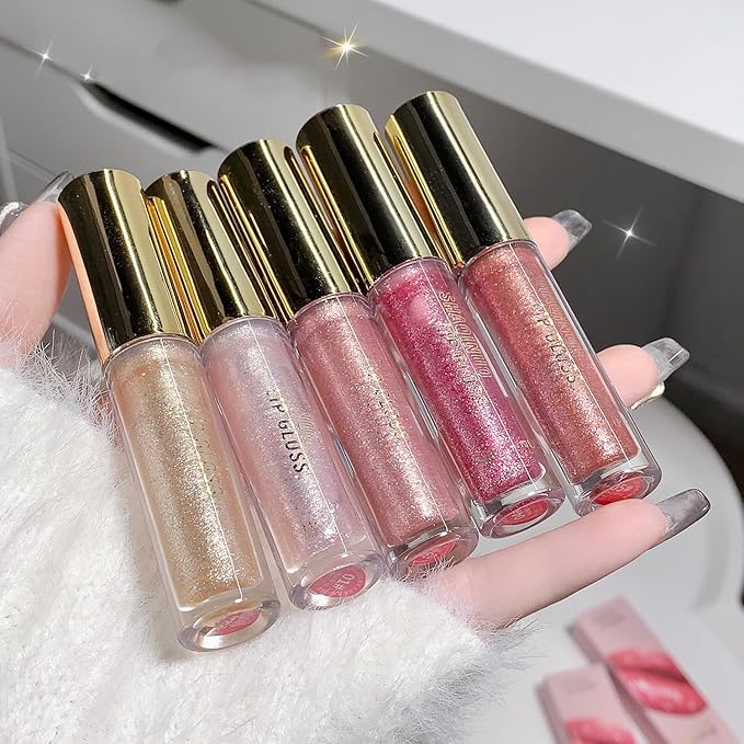 5 Colors Shimmery Glitter Lip Gloss Liquid Lipstick Set, Plumping Hydrating Lip Glow Oil, High Shine Sparkling Color Lipstick Makeup