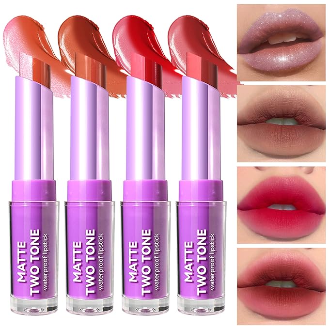 4Pcs Bitten Lips Lipstick Set, Shiny Nude Matte Long
