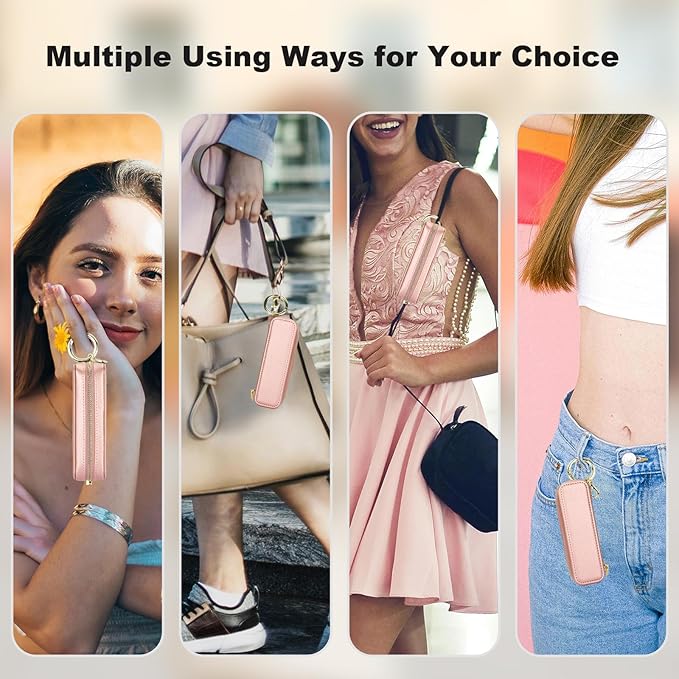 Bocasal Leather Lipstick Case Holder Chapstick Keychain Pouch, Zipper Lip Balm Lip Gloss Bag for Purse with Elastic Band, Makeup Travel Organizer, Cosmetic Storage Kit for Women Girls (Rose Gold)