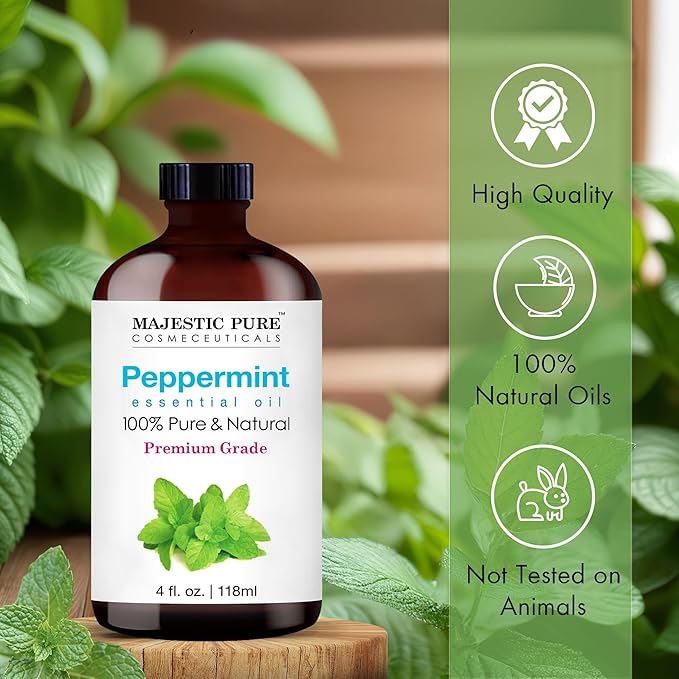 MAJESTIC PURE Peppermint Essential Oil with Glass Dropper | 100% Pure and Natural Peppermint Oil | Premium Grade Essential Oils for Diffusers, Skin, Aromatherapy, Massage | 4 Fl Oz