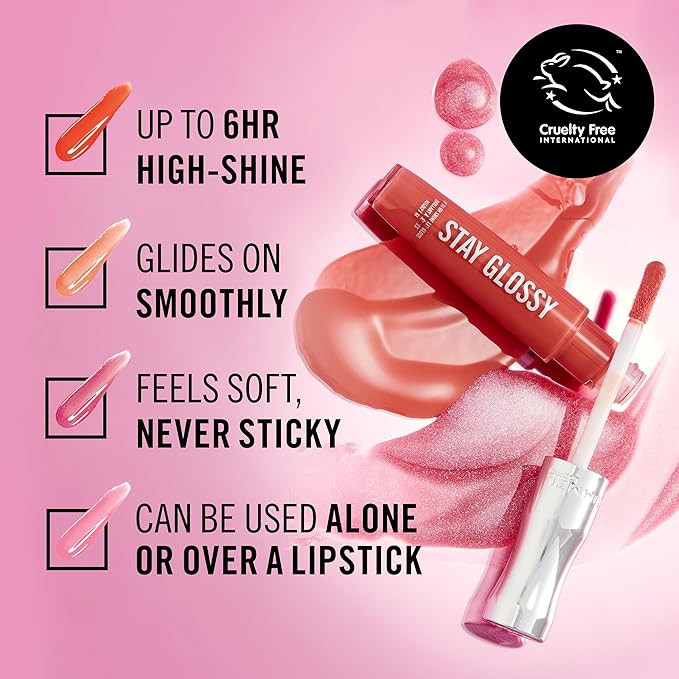 Rimmel London Stay Glossy, 465 Melon-Air, Lip Gloss, Non-Sticky, Cruelty-Free, Color and Shine, Up To 6-Hour Wear, Precise Applicator, 0.18oz
