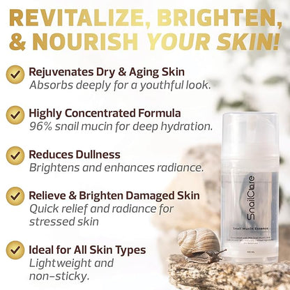 Snail Mucin 96% Serum Essence with Aloe, High Concentration Snail Secretion Filtrate, 99% Naturally Derived Ingredients, baba de caracol original,100ml Air Pump, Korean Skin Care
