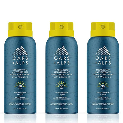 Oars + Alps Hydrating SPF 50 Sunscreen Spray, Infused with Vitamin C and Antioxidants, Water and Sweat Resistant, TSA Friendly, 1.87 Oz Each, 3 Pack