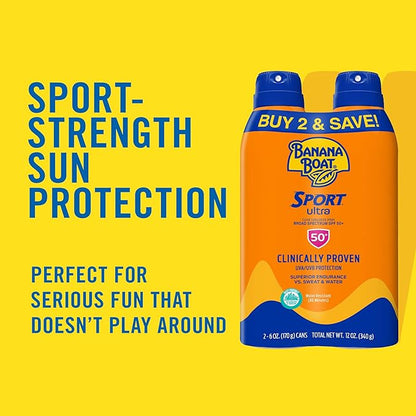 Banana Boat Sport Ultra SPF 50 Sunscreen Spray Twin Pack | Banana Boat Sunscreen Spray SPF 50, Spray On Sunscreen, Water Resistant Sunscreen, Oxybenzone Free Sunscreen Pack, 6oz each