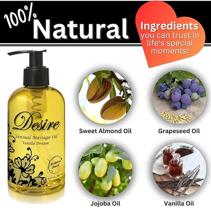 Desire Sensual Massage Oil for Date Night | Best Massage Oil for Couples | All Natural with Sweet Almond, Grapeseed & Jojoba for Smooth Glide & Moisturized Skin 8oz