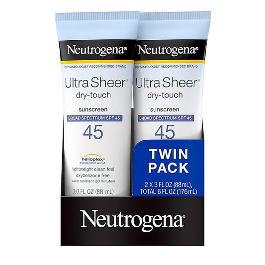 Neutrogena Ultra Sheer Dry-Touch Water Resistant and Non-Greasy Sunscreen Lotion with Broad Spectrum SPF 45, 3 fl. oz, (Pack of 2)