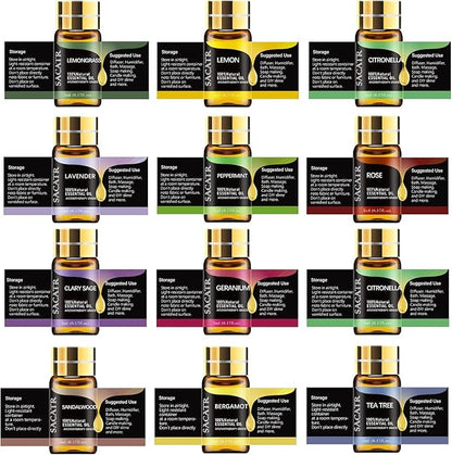 Essential Oils by SACATR Natural Essential Oil Set -12 Essential Oils Gift Set for Diffuser, Massage, Fragrance Oil Scent for DIY Candle and Soap Making (12 * 5ML)