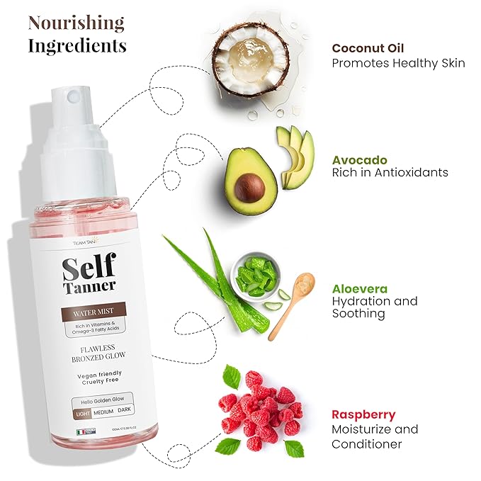 Team Tan Self Tanning Water - Vitamin Infused Self Tanner Mist for Hydrating Face and Body, Sunless Tanning Spray for Fake Tan, No Streaks, Orange Tints or Nasty Smell (Light)