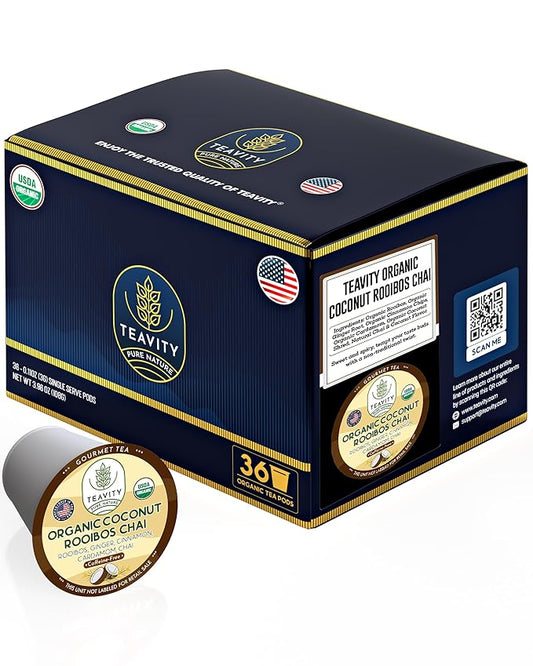 Coconut Rooibos Chai Tea Pods for Keurig - Organic Ginger Tea, Rooibos, Cinnamon, Cardamom, Coconut & Chai by Teavity (36 Tea Pods)