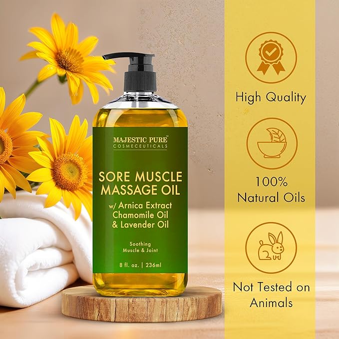 Majestic Pure Arnica Sore Muscle Massage for Massage Therapy - Natural Oil with Lavender and Chamomile Essential Oils - Multipurpose Instant Absorption Full Body Massage Oil - 8 Fl Oz (Pack of 2)