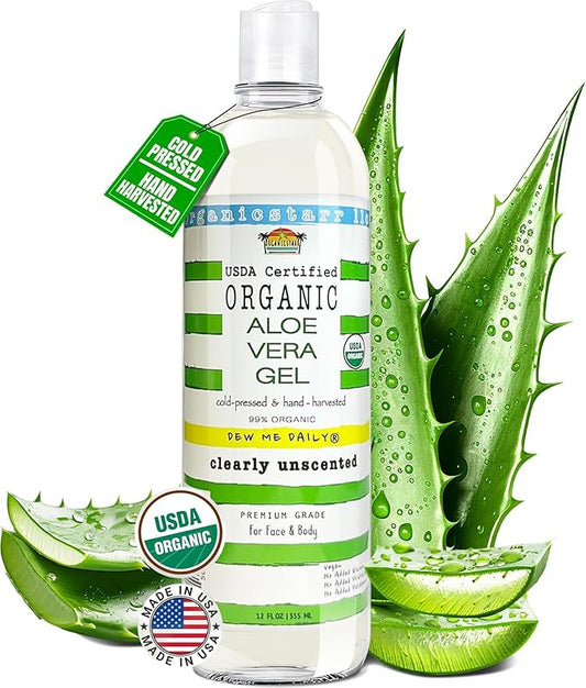 USDA Certified Organic Aloe Vera Gel 12 oz - 100% Pure, Cold Pressed, Hand Harvested, Unscented, Chemical-Free - Skin & Hair Care, Sunburn Relief, Made in USA