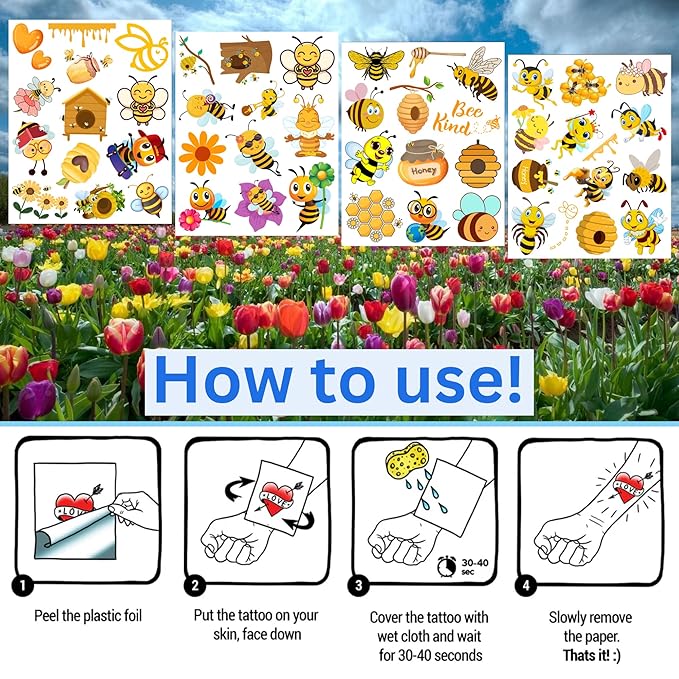 Bee Temporary Tattoo - 50Pcs Bee Birthday Party Festival Décor
