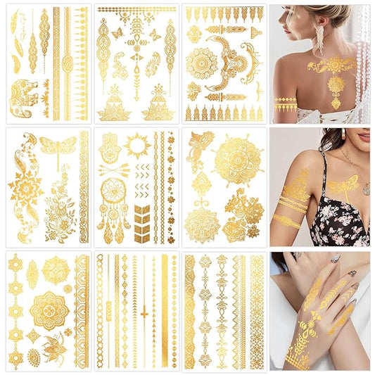 Konsait 9 Sheets Metallic Tattoos, Elaborate Floral Elephant Festival Accessories
