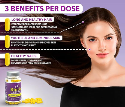Biotin Hair Skin and Nails Vitamins, Vitamin C, Biotin and Collagen Supplements That Make Hair Grow Faster and Longer, for All Ages, 60 Capsules of Biotin 20000mcg Maximum Strength.