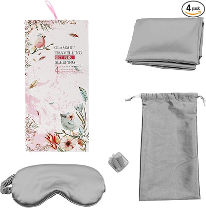 Satin Sleep Mask Set - Authentic Skin-Friendly Fabric Light-Blocking Sleeping Eye Mask with Adjustable Strap, Pillowcase, Earplugs for Noise Reduction, Essentials for Relaxation (Grey)