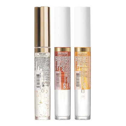 Kiss New York 3 PACK Lip Oil Gloss, Hydrating Non-Sticky Lip Oil, 100% Natural Oil Clear Lip Gloss, Lightweight Lip Moisturizer (Gold & Honey & Coconut)