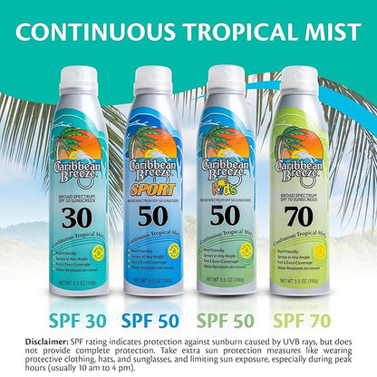 Continuous Tropical Mist Spray Sunscreen SPF 70, Reef Safe Sunscreen Spray, Up to 80 Minutes Water Resistant Sunscreen Face Spray, 5.5 Ounces, 2 Pack