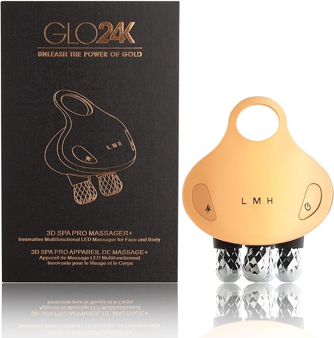 GLO24K 3D SPA PRO Massager+ I Advanced Skin Rejuvenation Device for the Face, Neck and Body I Based on LED Light, Vibration, and Advanced Technologies I 4 Rotating Massage Heads
